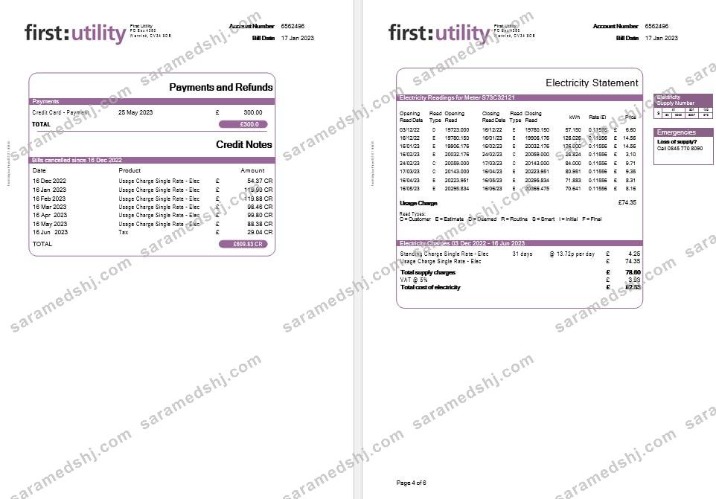 United Kingdom First gas and electricity utility bill in Word and PDF formats, 6 pages.